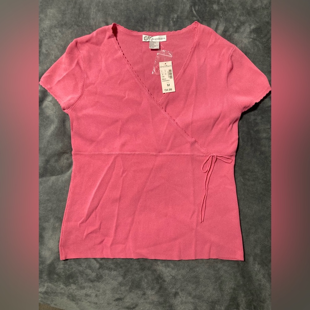 Dressbarn Women Pink Sheer Pullover Deep V Neck Short Sleeve Size Medium New